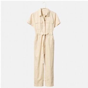 Beige Utility Jumpsuit with Tie Waist – Casual One-Piece (six pockets)